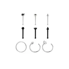 Multi-Pack CZ Black and Silver-Tone Bone Nose Rings and Hoop Nose Rings 9 Pack - 20 Gauge at Spencer's