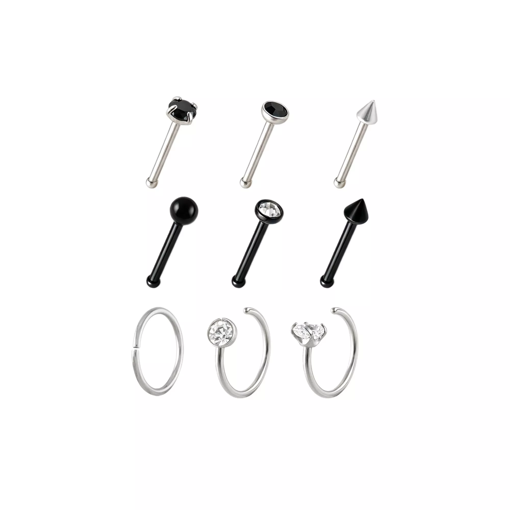 Multi-Pack CZ Black and Silver-Tone Bone Nose Rings and Hoop Nose Rings 9 Pack - 20 Gauge