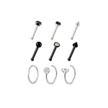 Multi-Pack CZ Black and Silver-Tone Bone Nose Rings and Hoop Nose Rings 9 Pack - 20 Gauge at Spencer's