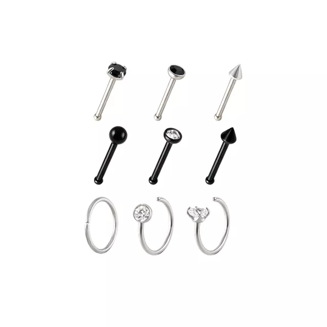 Multi-Pack CZ Black and Silver-Tone Bone Nose Rings and Hoop Nose Rings 9 Pack - 20 Gauge at Spencer's
