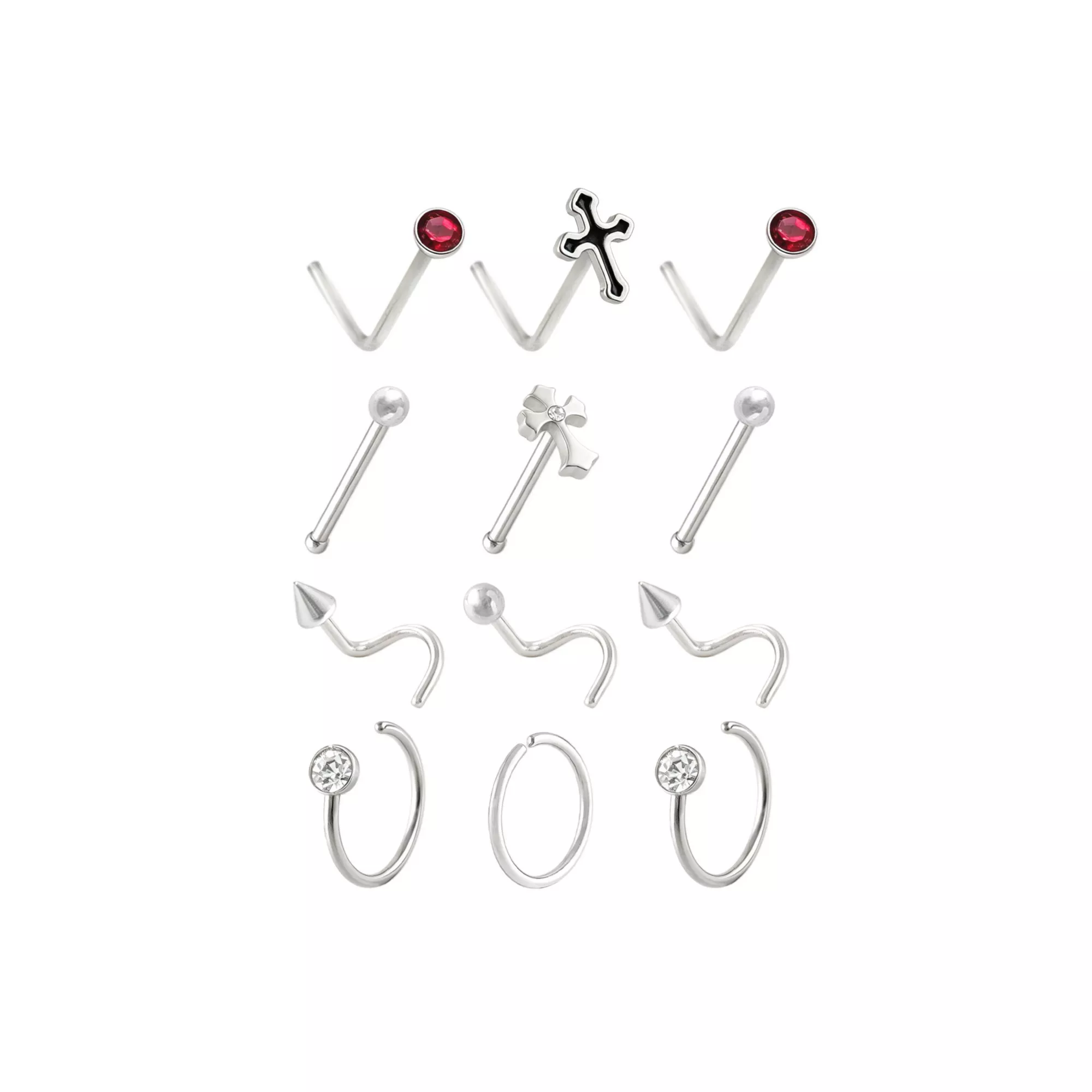 Multi-Pack CZ Silver-Tone Cross Assorted Nose Screws, L-Bends, Pins and Hoops 12 Pack - 20 Gauge at Spencer's