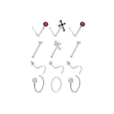 Multi-Pack CZ Silver-Tone Cross Assorted Nose Screws, L-Bends, Pins and Hoops 12 Pack - 20 Gauge at Spencer's