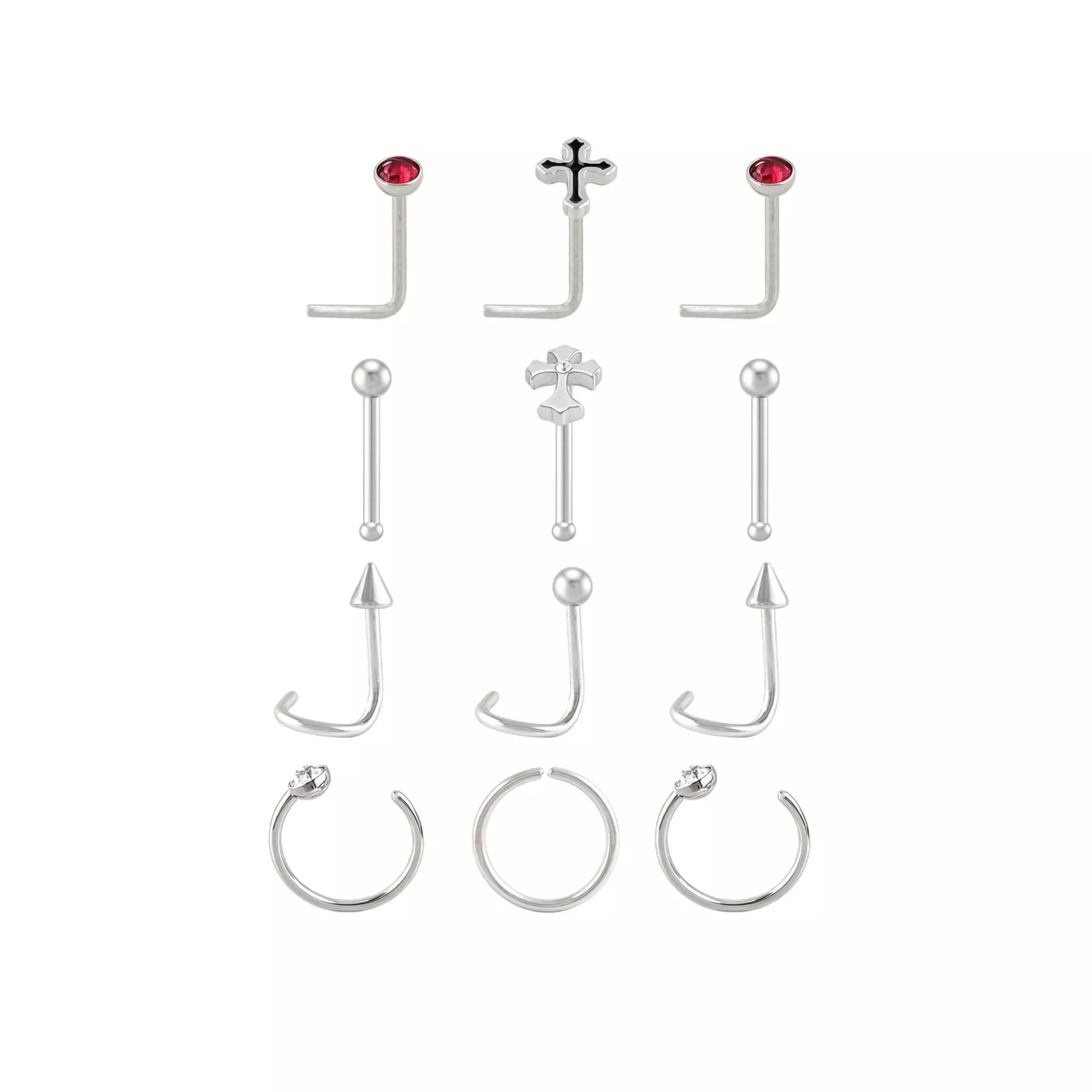Multi-Pack CZ Silver-Tone Cross Assorted Nose Screws, L-Bends, Pins and Hoops 12 Pack - 20 Gauge at Spencer's