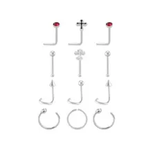 Multi-Pack CZ Silver-Tone Cross Assorted Nose Screws, L-Bends, Pins and Hoops 12 Pack - 20 Gauge at Spencer's