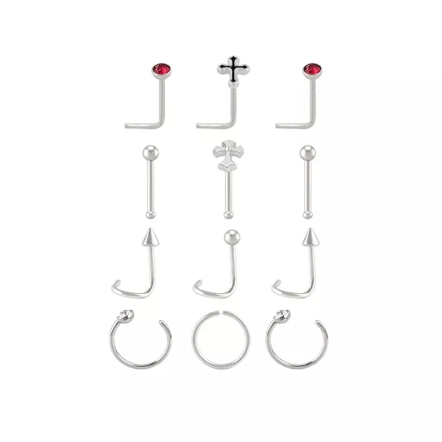 Multi-Pack CZ Silver-Tone Cross Assorted Nose Screws, L-Bends, Pins and Hoops 12 Pack - 20 Gauge at Spencer's