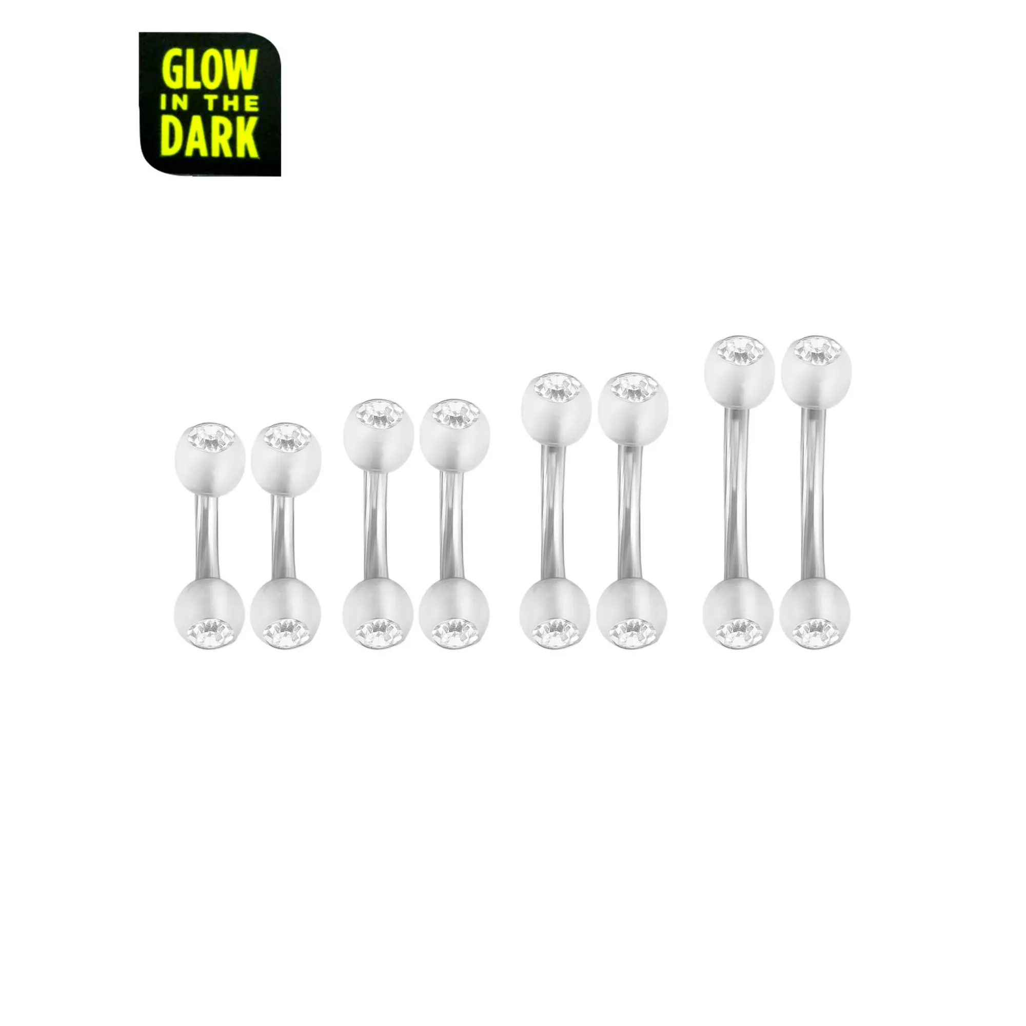 Multi-Pack CZ Glow in the Dark Curved Barbells 8 Pack - 16 Gauge