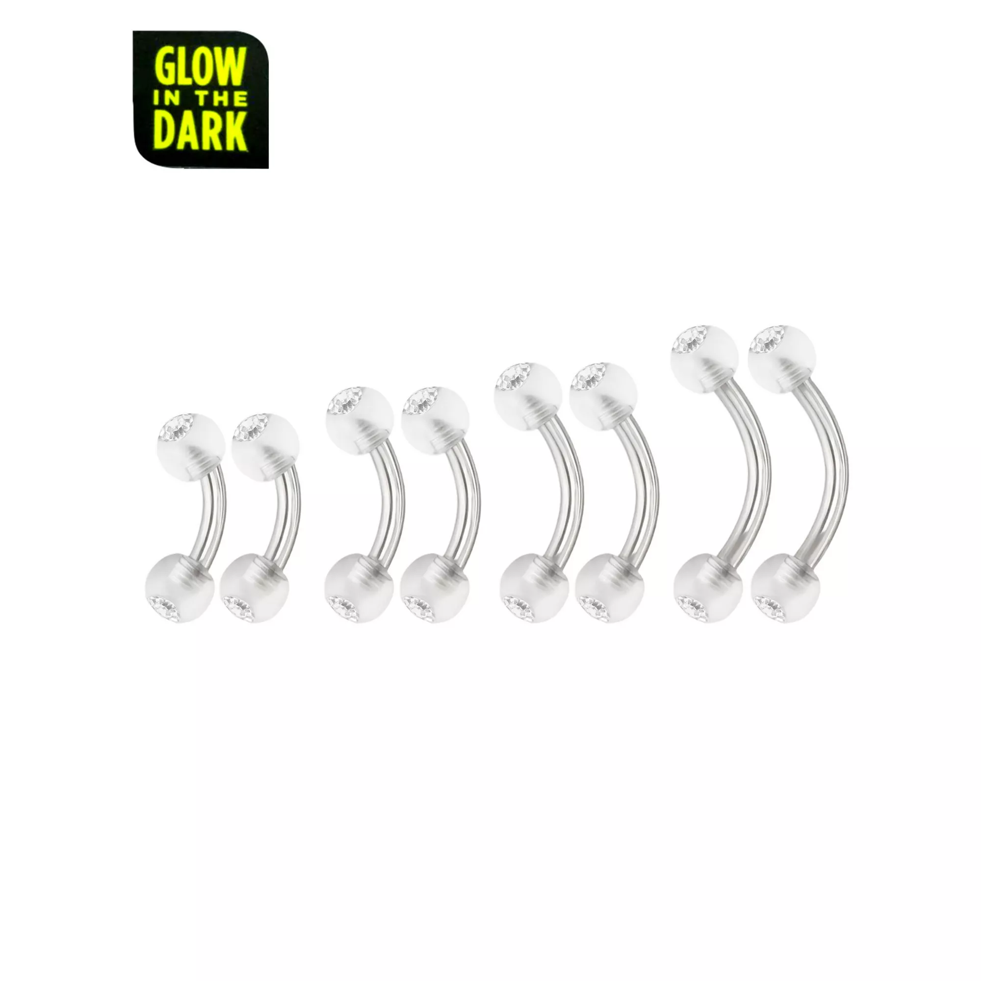 Multi-Pack CZ Glow in the Dark Curved Barbells 8 Pack - 16 Gauge