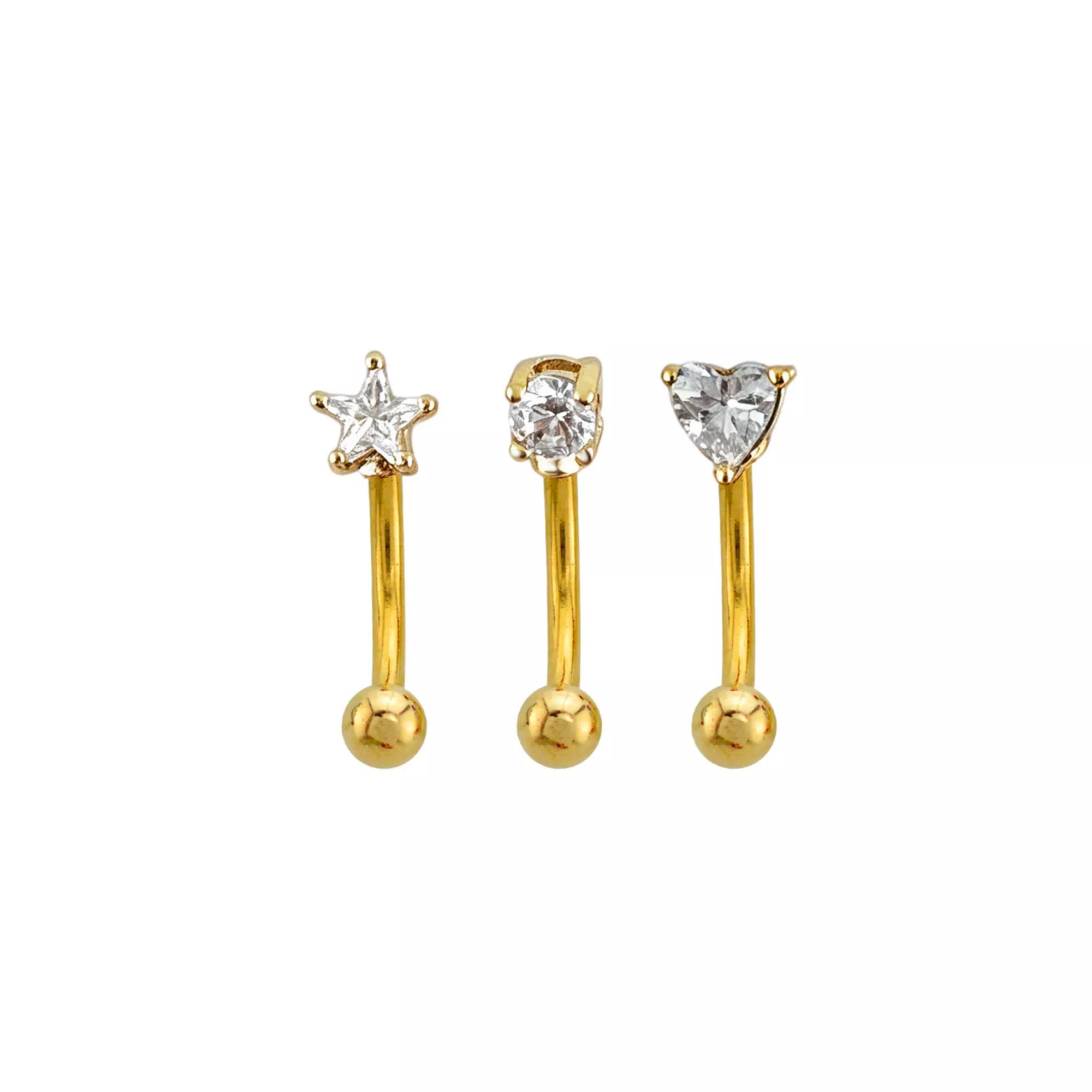Multi-Pack CZ  Gold-Toned Heart and Star Curved Barbells 3 Pack – 16 Gauge