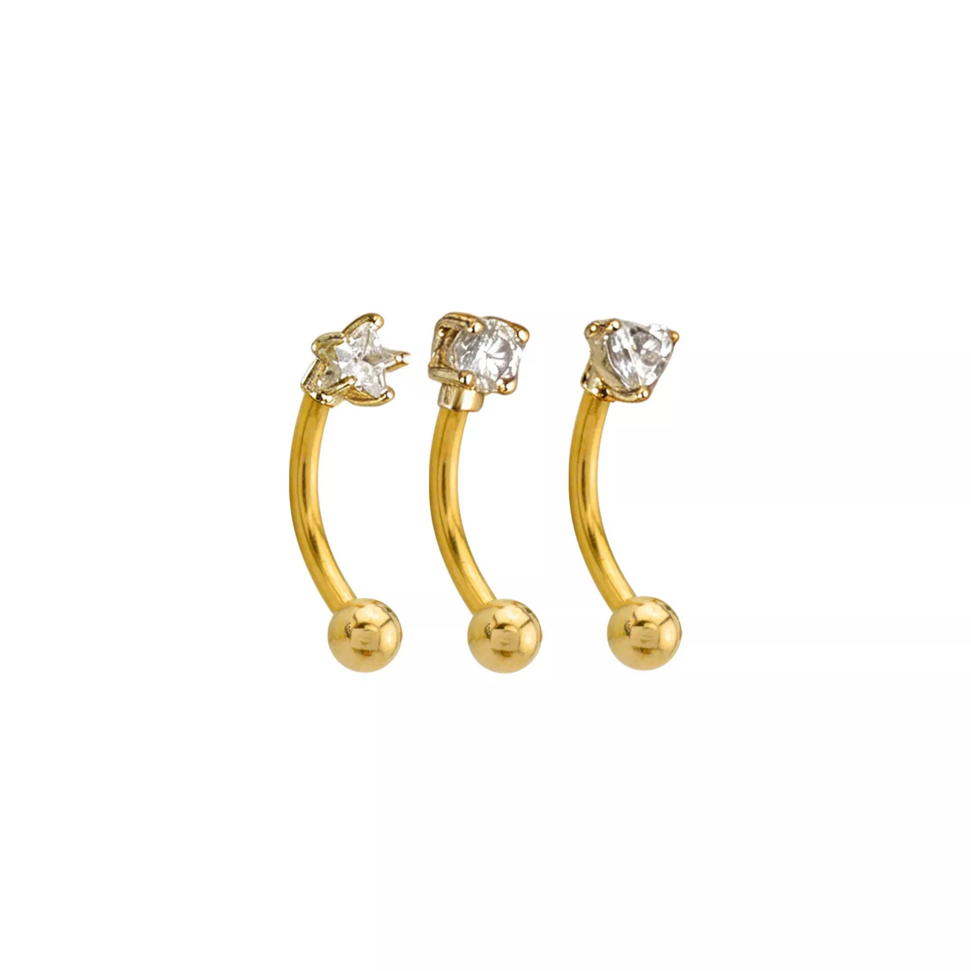 Multi-Pack CZ  Gold-Toned Heart and Star Curved Barbells 3 Pack – 16 Gauge