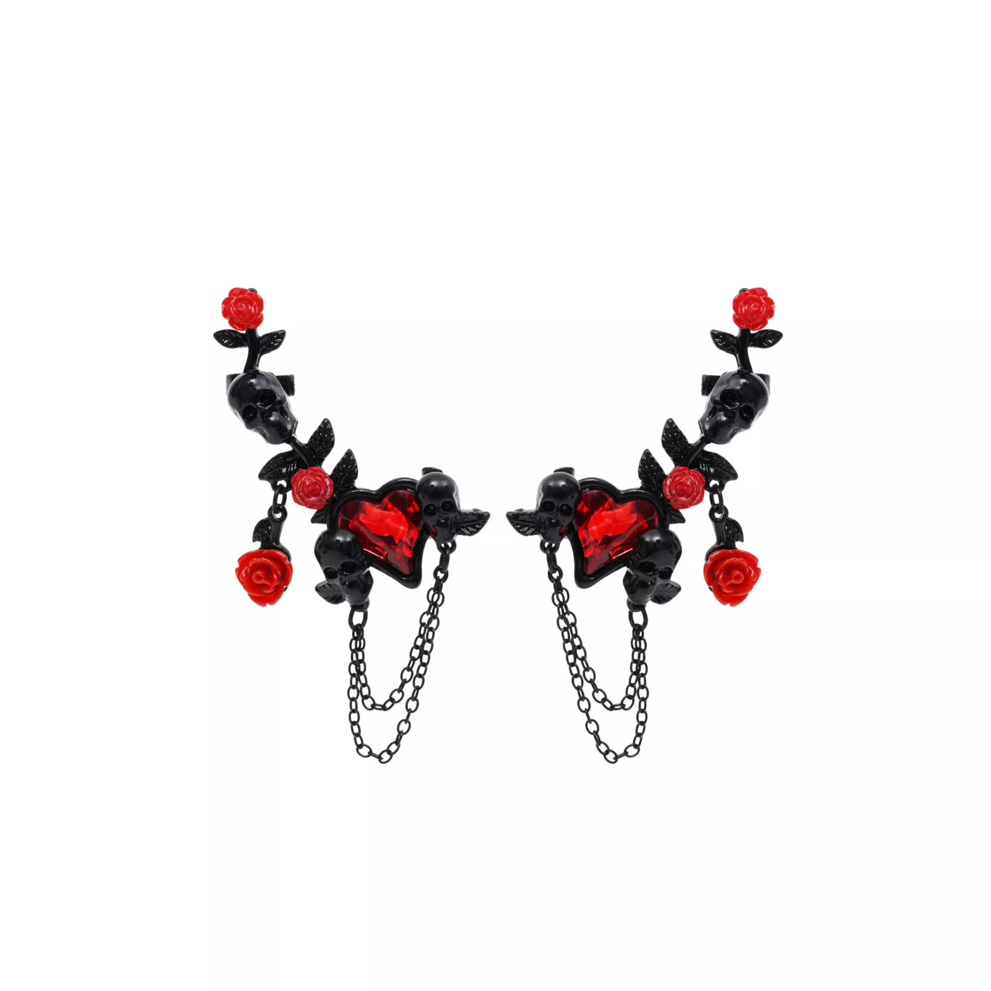 Black and Red Skull Rose Dangle Ear Cuffs at Spencer's