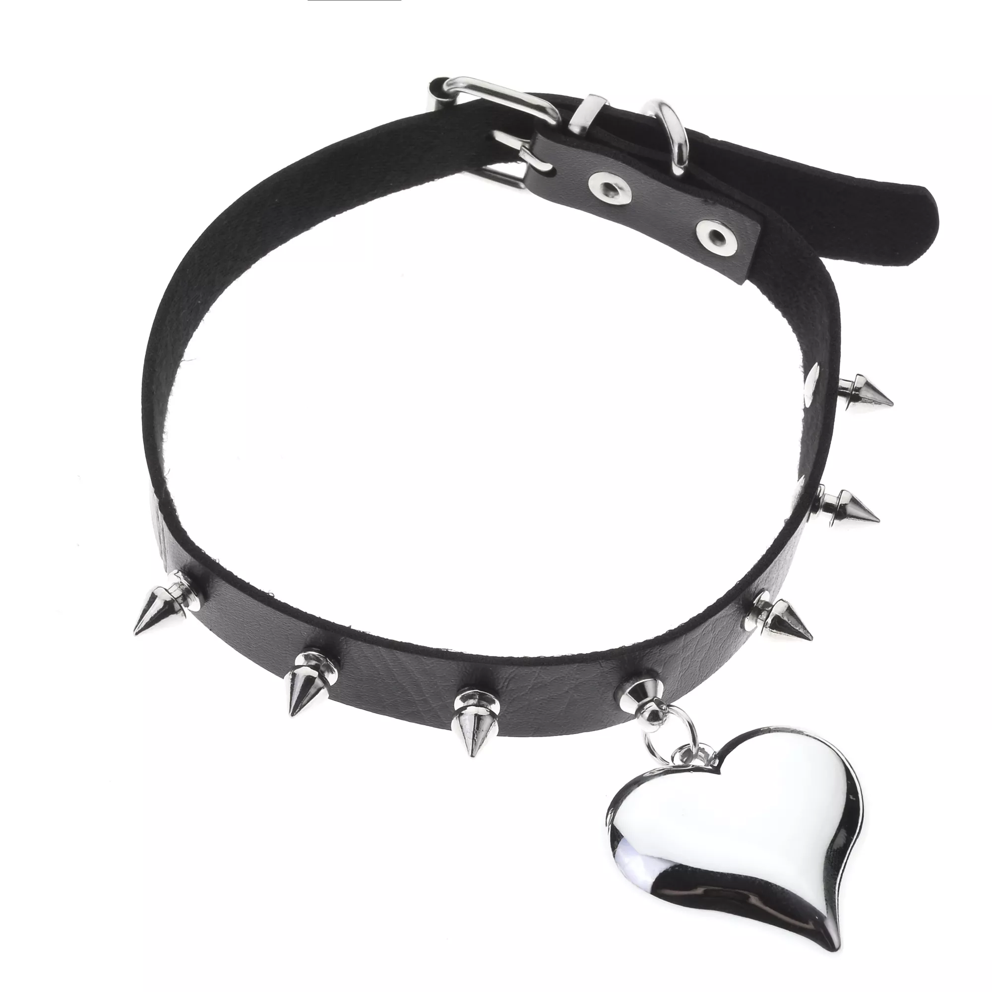Silver-Tone Spike and Heart Charm Faux Leather Choker Necklace at Spencer's