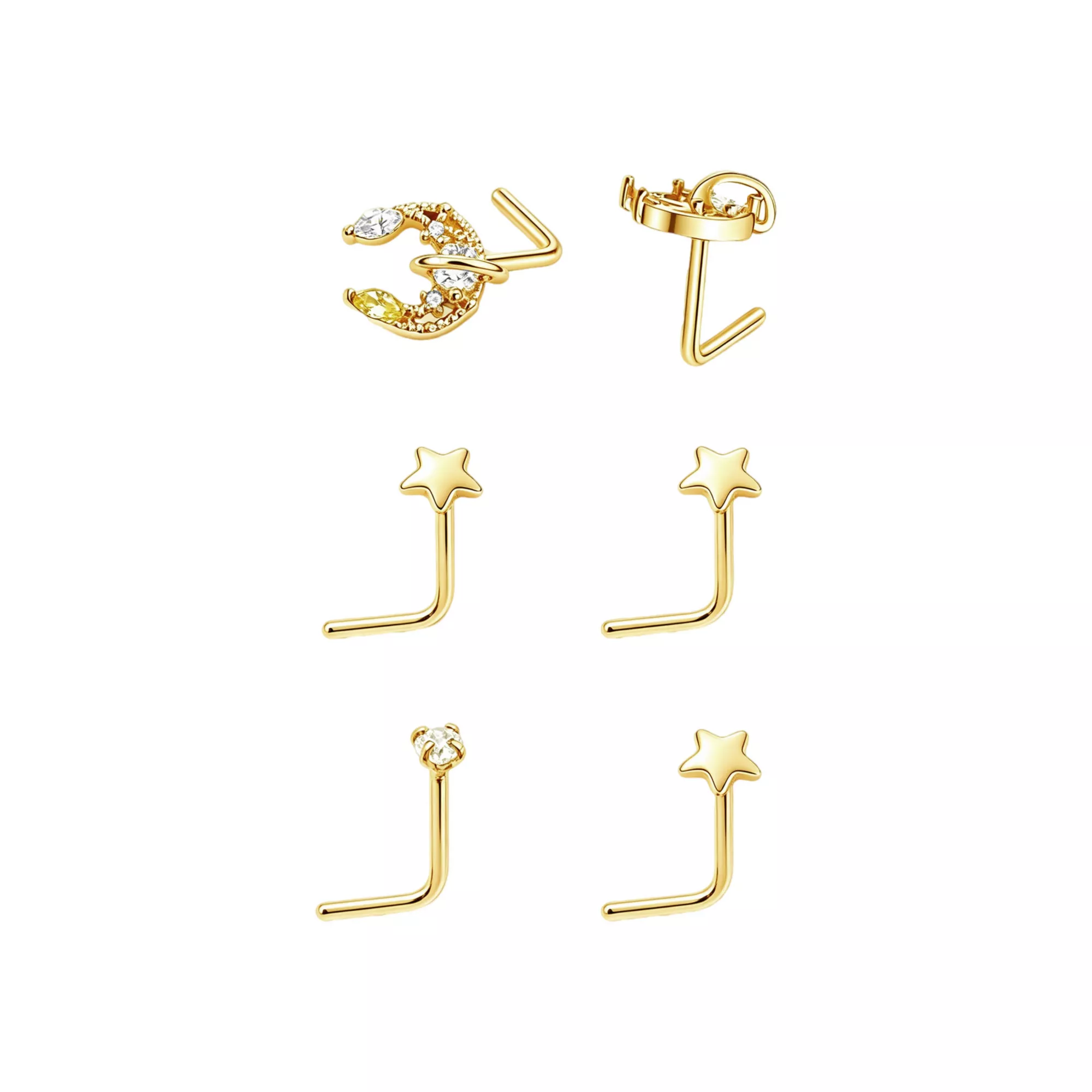 Multi-Pack Gold-Toned CZ Celestial L-Bend Nose Rings 6 Pack - 20 Gauge