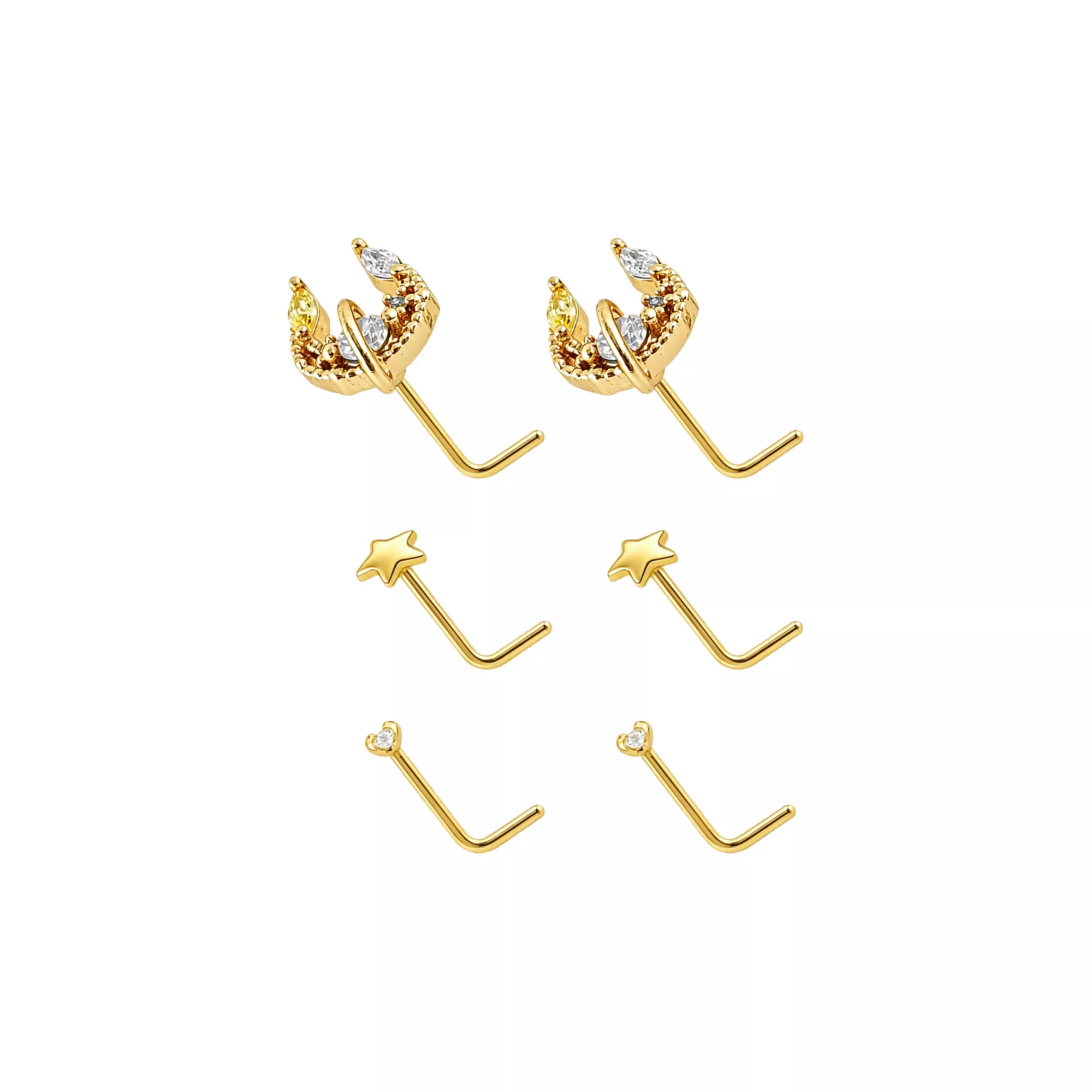 Multi-Pack Gold-Toned CZ Celestial L-Bend Nose Rings 6 Pack - 20 Gauge