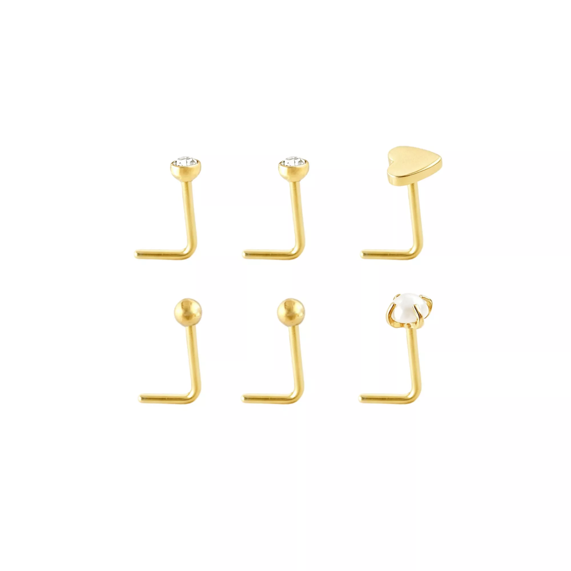 Gold-Toned Heart and Faux Pearl CZ Nose L-Bend 6 Pack - 20 Gauge