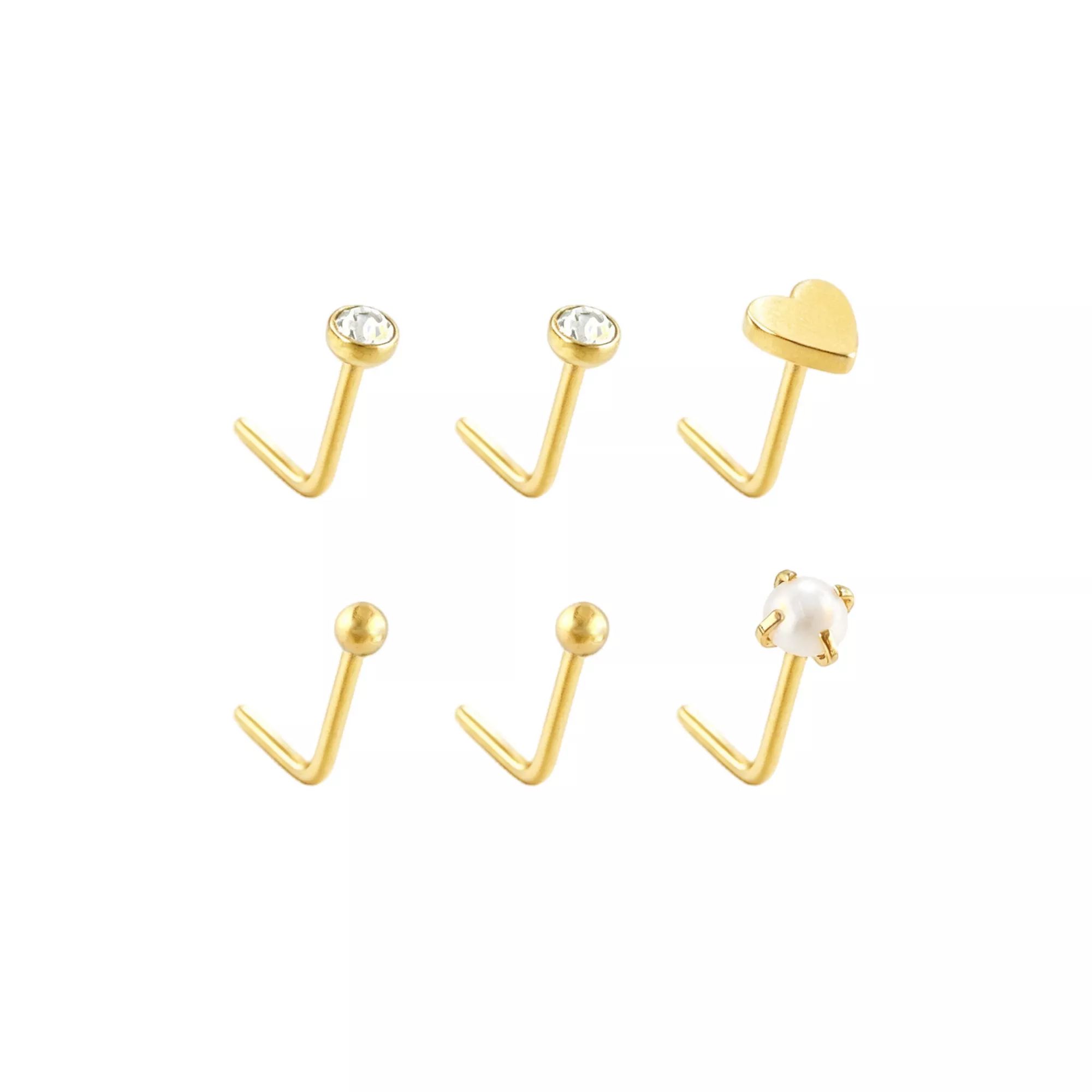 Gold-Toned Heart and Faux Pearl CZ Nose L-Bend 6 Pack - 20 Gauge