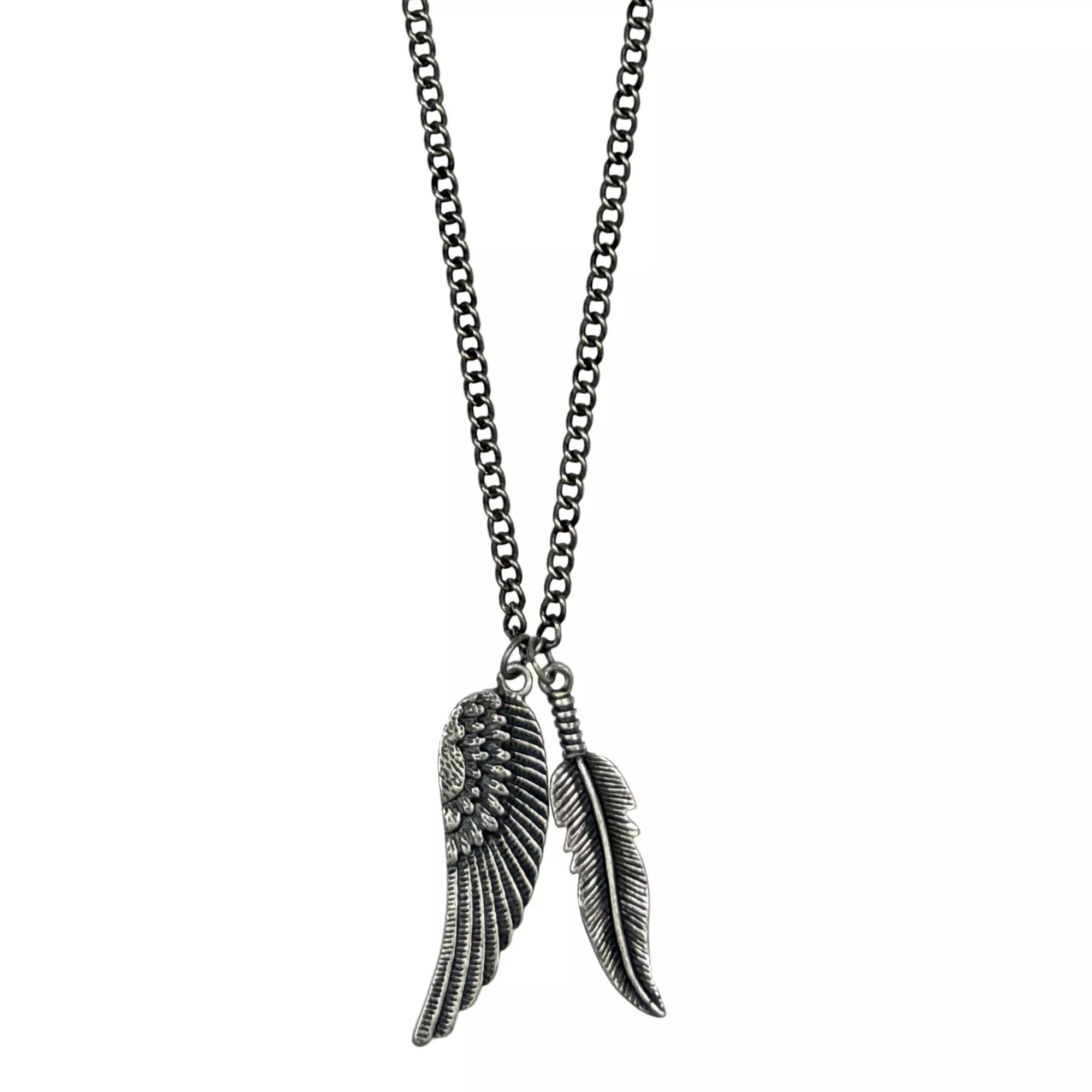 Burnished Silver-Tone Angel Wing and Feather Necklace