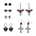 Multi-Pack Black and Red Rose Cross Bat Wings Earrings - 6 Pair at Spencer's