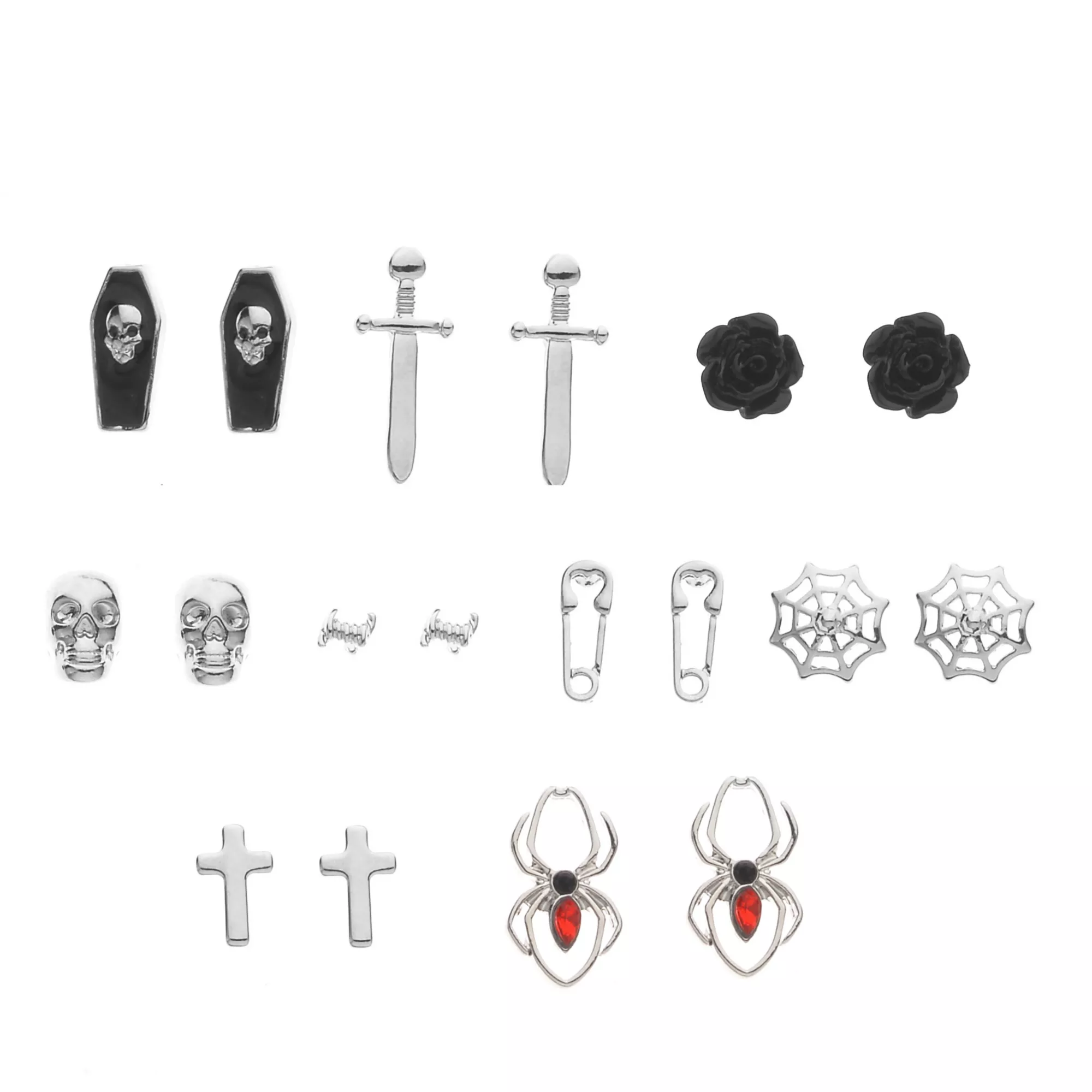 Multi-Pack Spider Web Coffin Skull Silver-Tone Stud Earrings - 9 Pair at Spencer's
