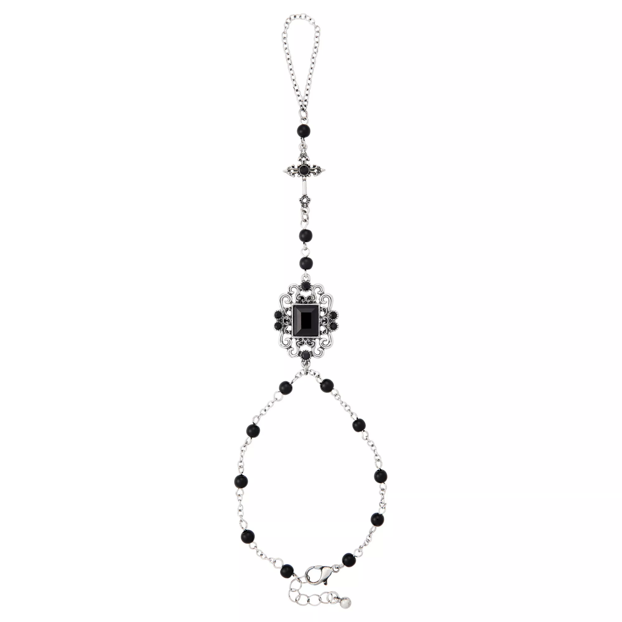 Rosary and Cross Black Hand Chain Bracelet
