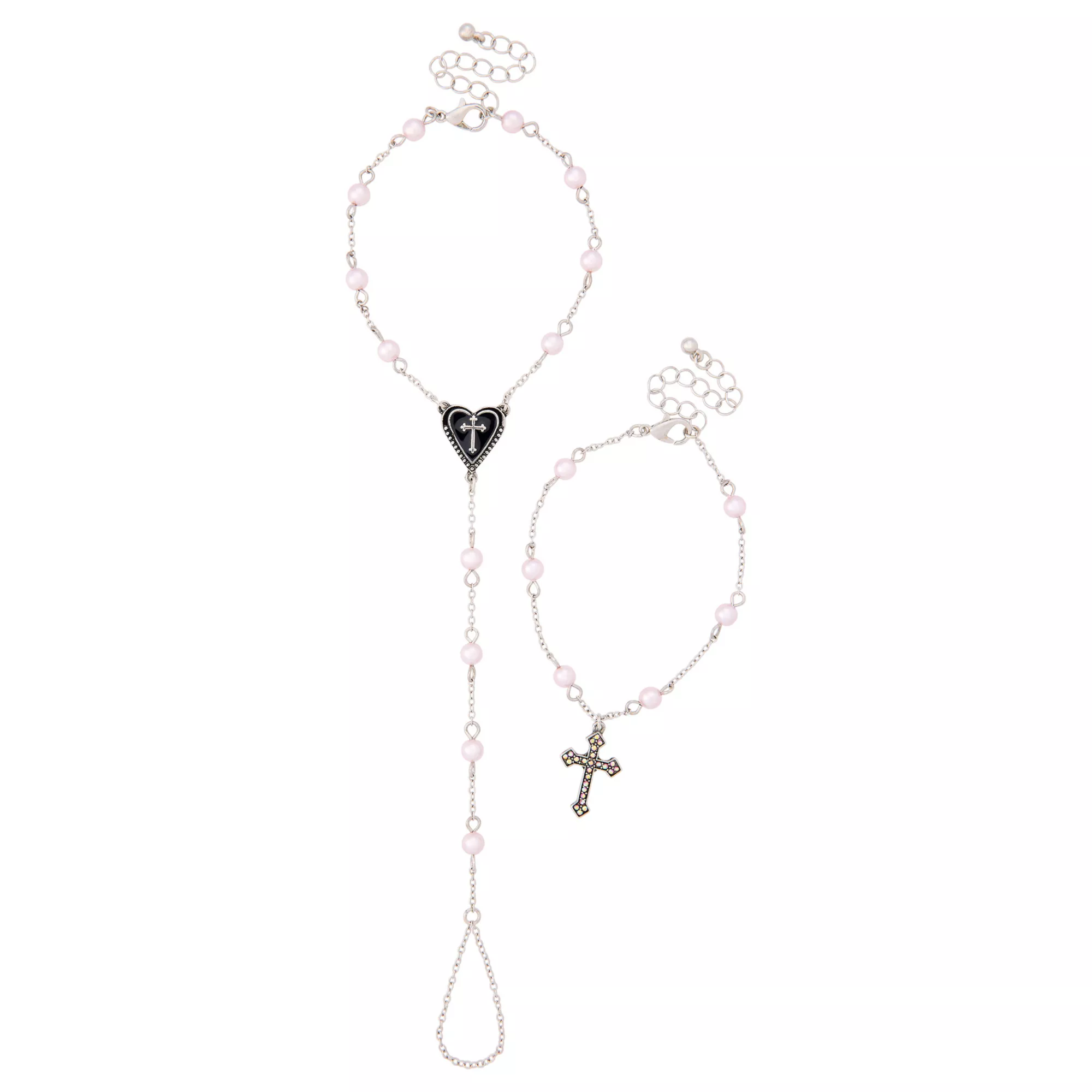 Pearl-Effect Cross Rosary Hand Chain 2 Piece Bracelet Set