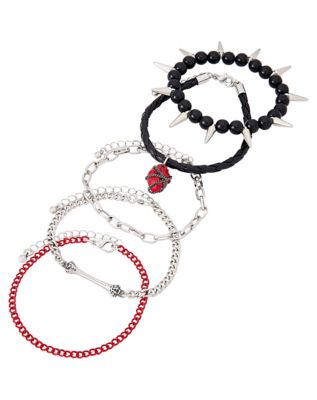 Black and Red Heart Spike Chain Bracelets - 5 Pack