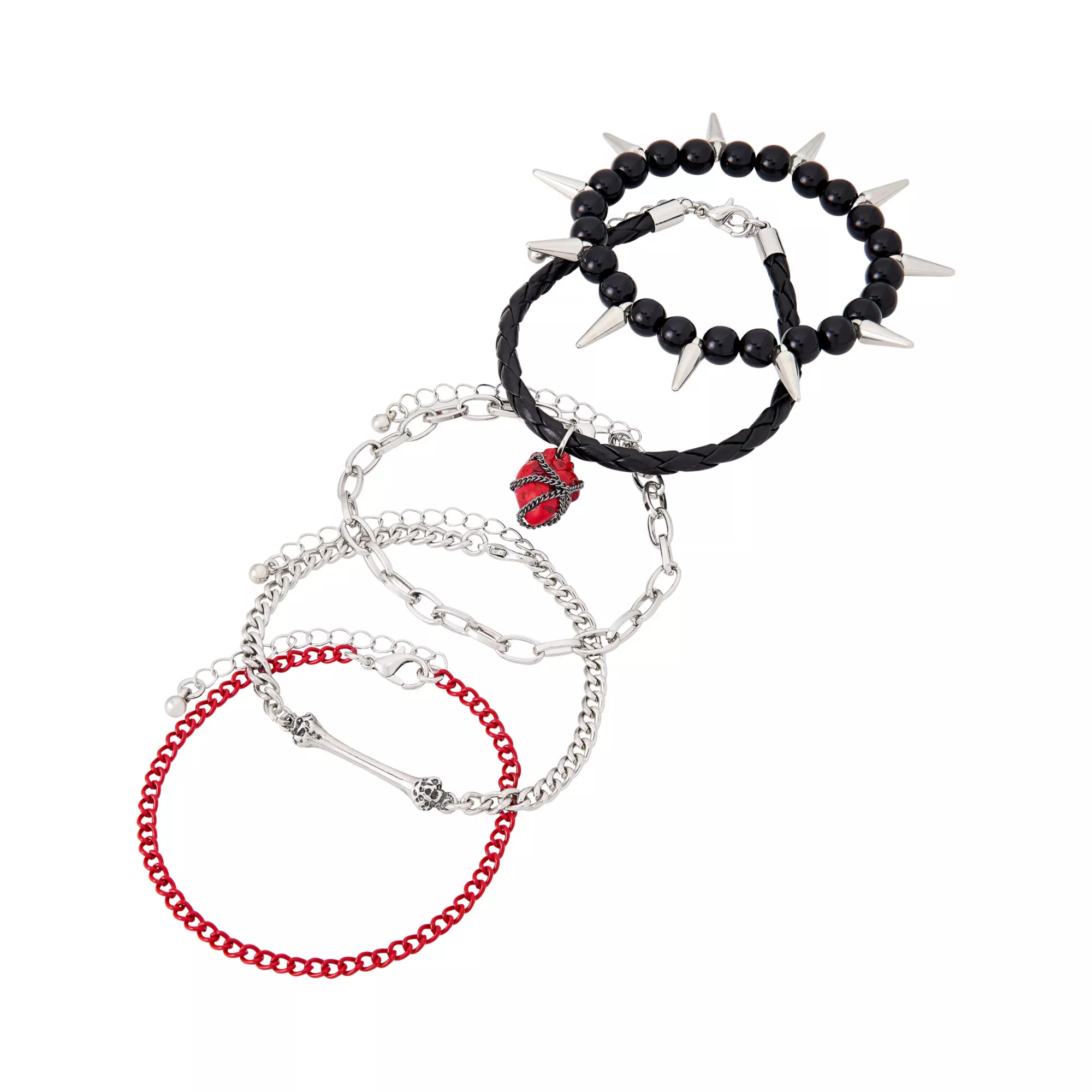 Black and Red Heart Spike Chain Bracelets - 5 Pack