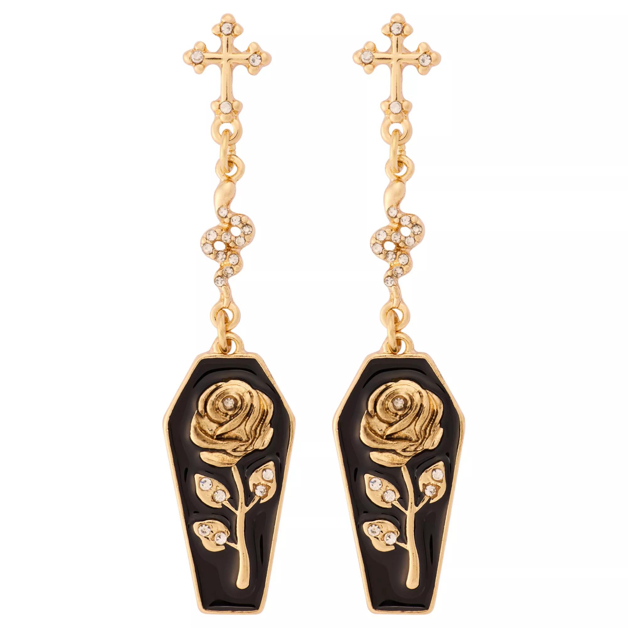 CZ Gold-Tone Cross, Snake, and Rose Coffin Dangle Earrings