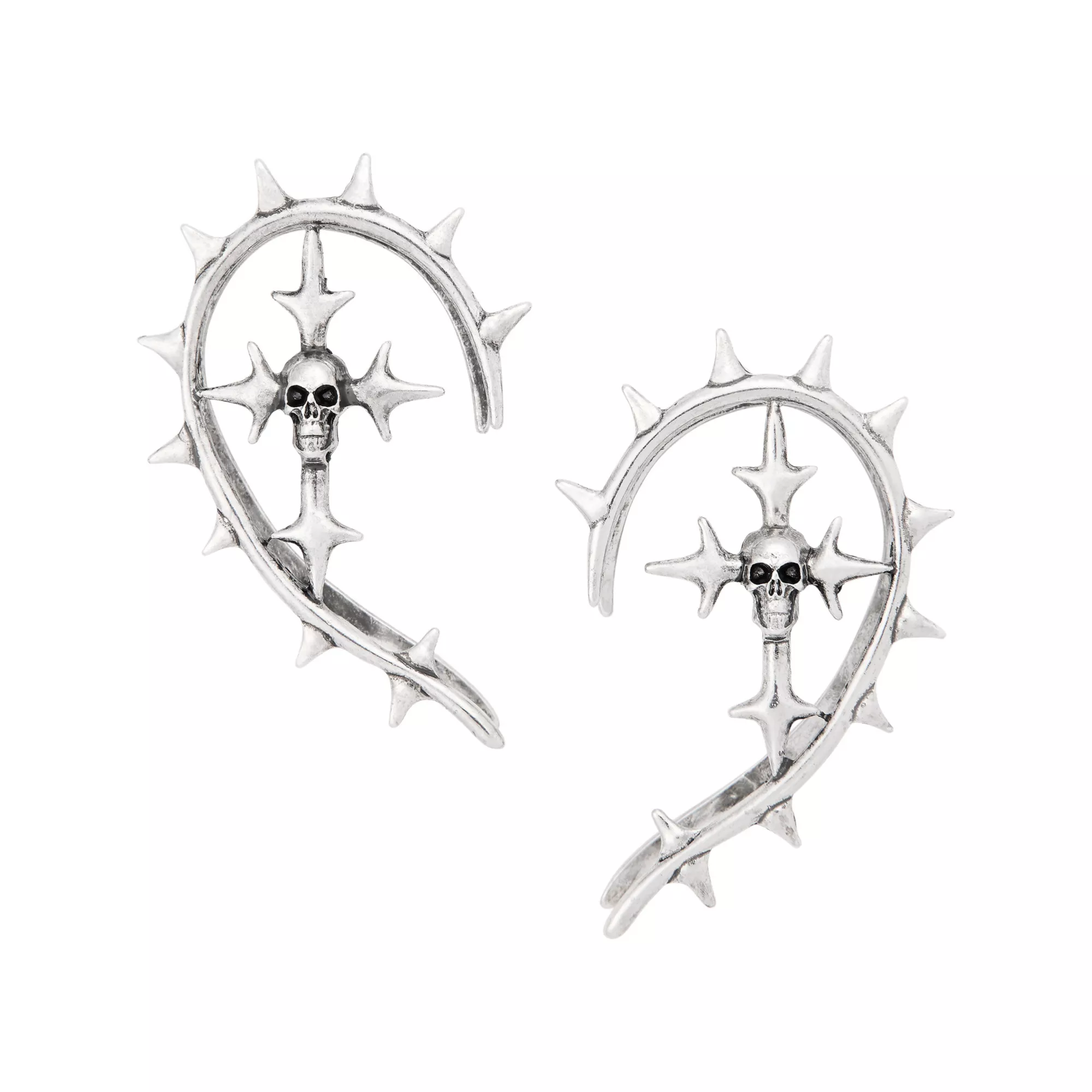 Skull Gothic Cross Spike Silver-Tone Ear Cuffs