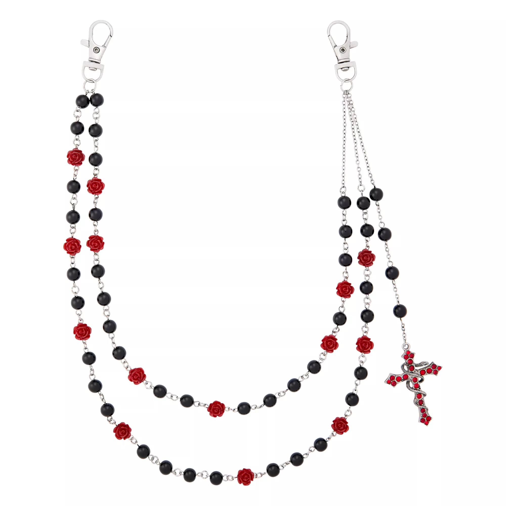 2 Row Black and Red Beaded Cross Wallet Chain