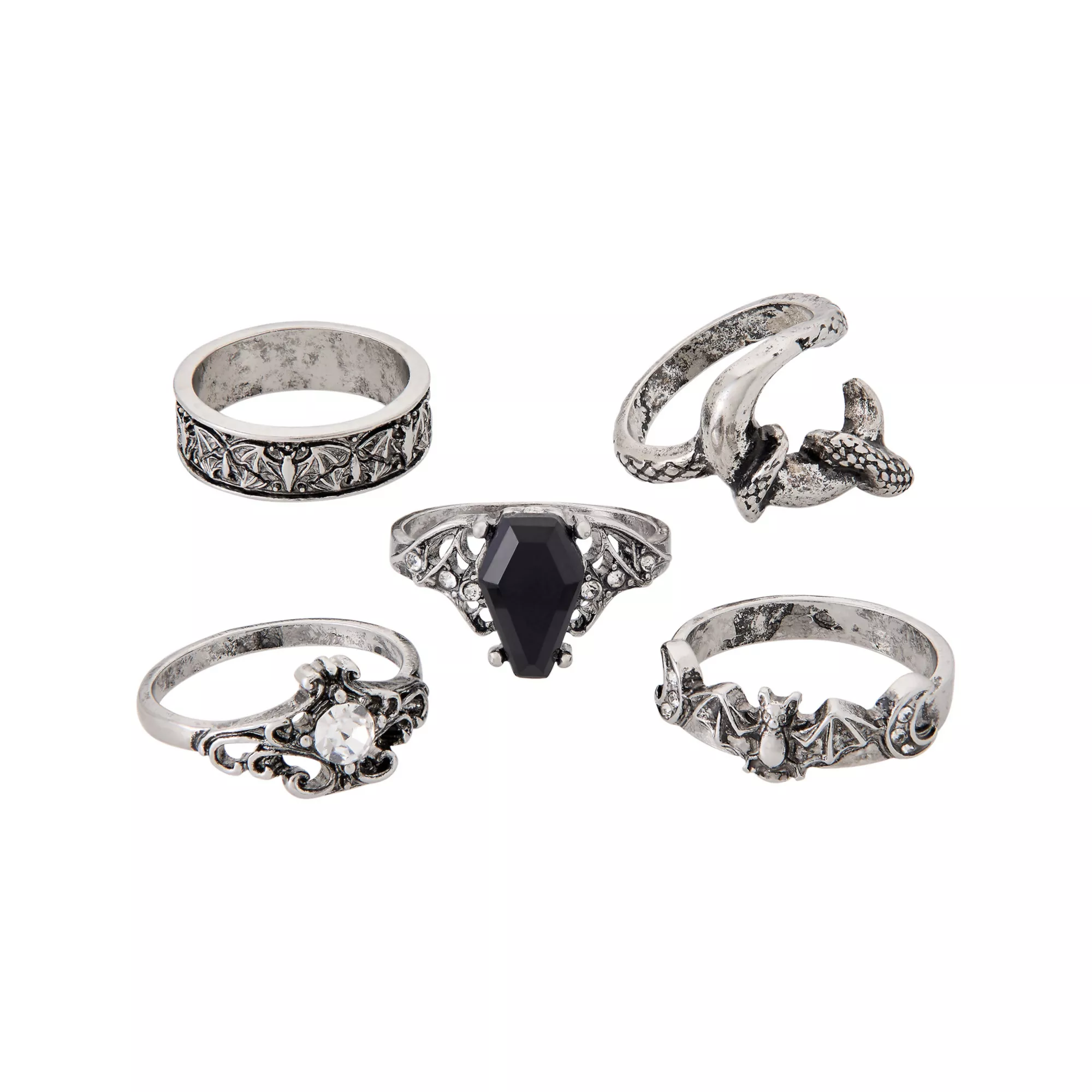 Multi-Pack Coffin and Snake Silver-Toned Rings - 5 Pack
