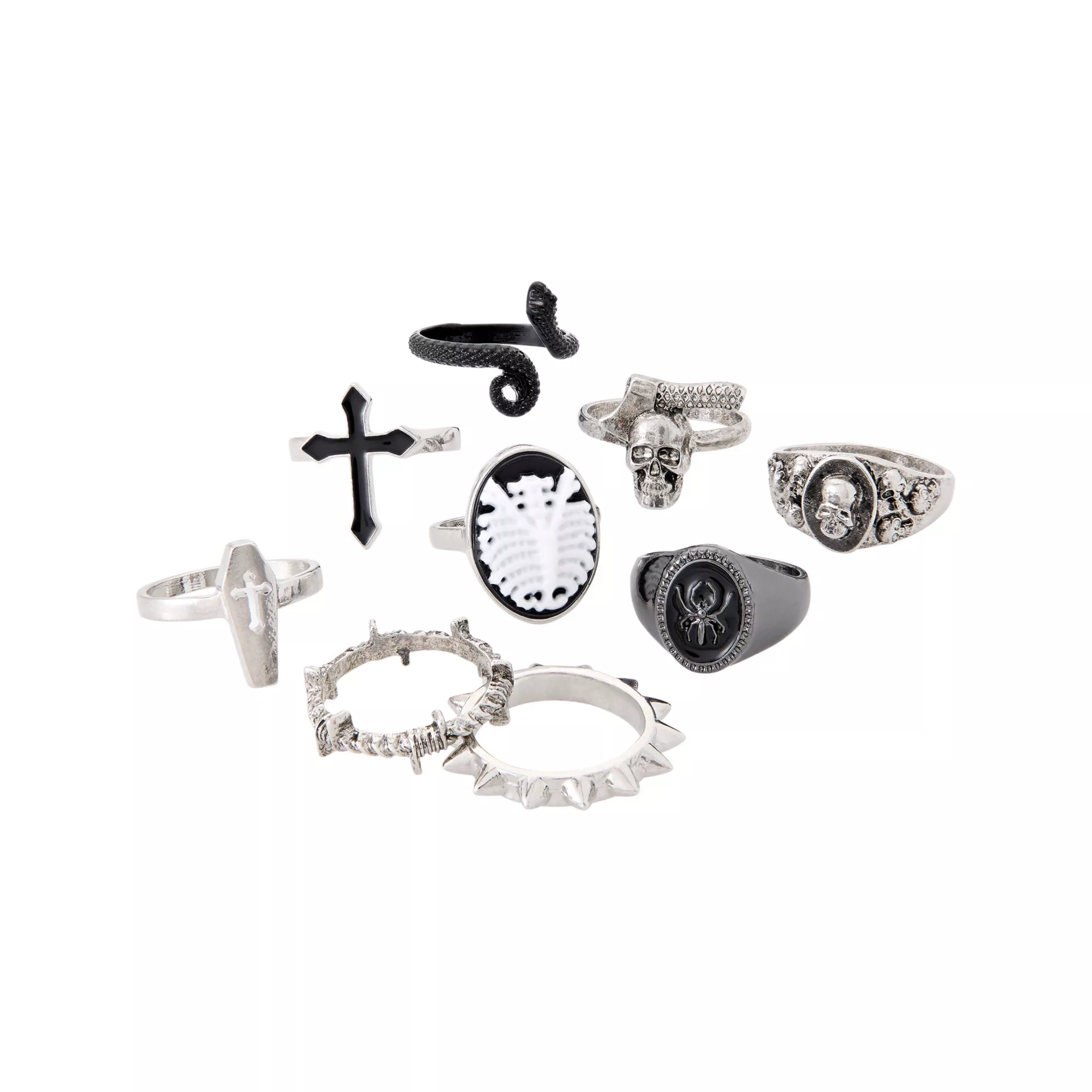 Multi-Pack Cross Barbed Spike Silver-Toned Rings - 9 Pack