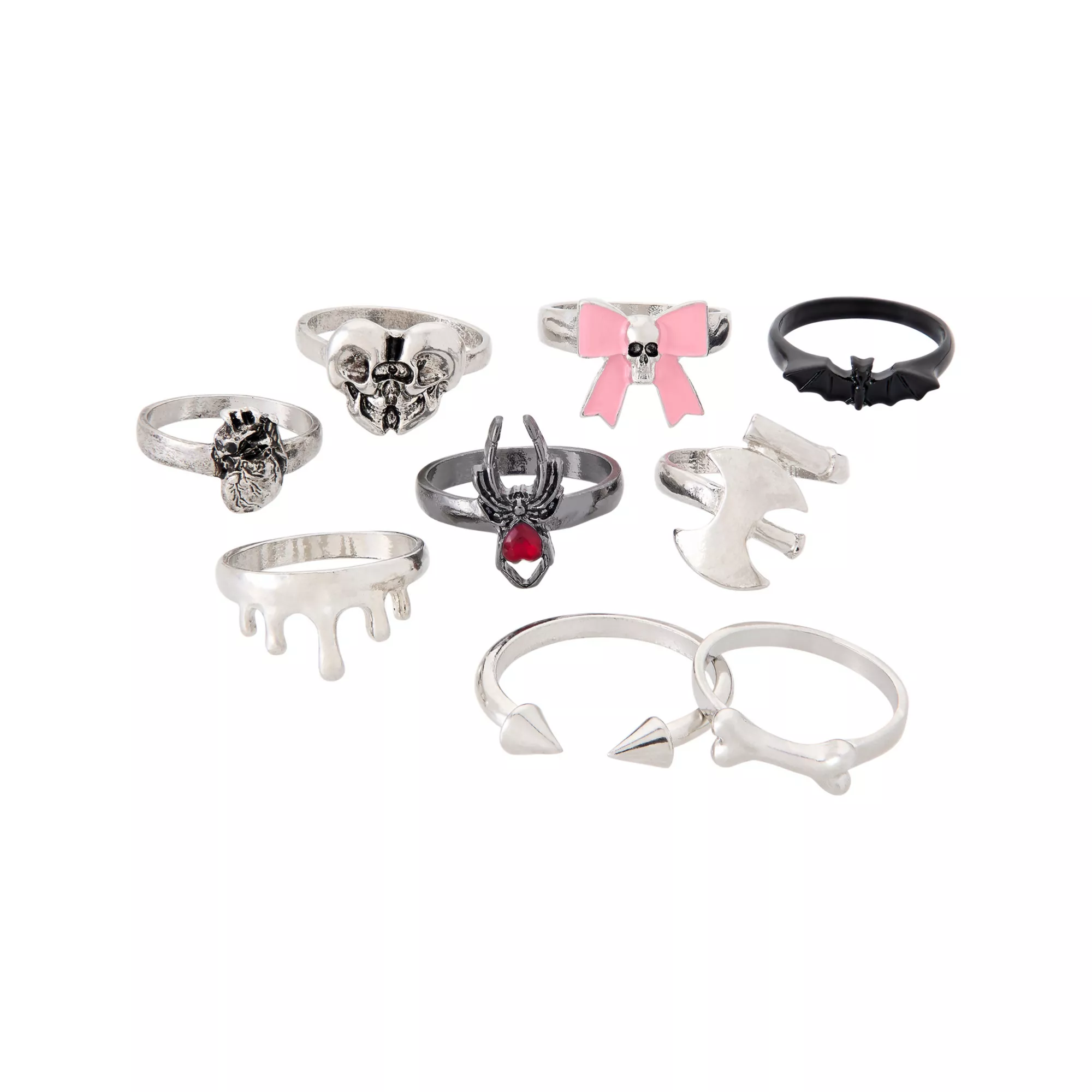 Multi-Pack Bat, Spider, and Bow Silver-Toned Rings - 9 Pack
