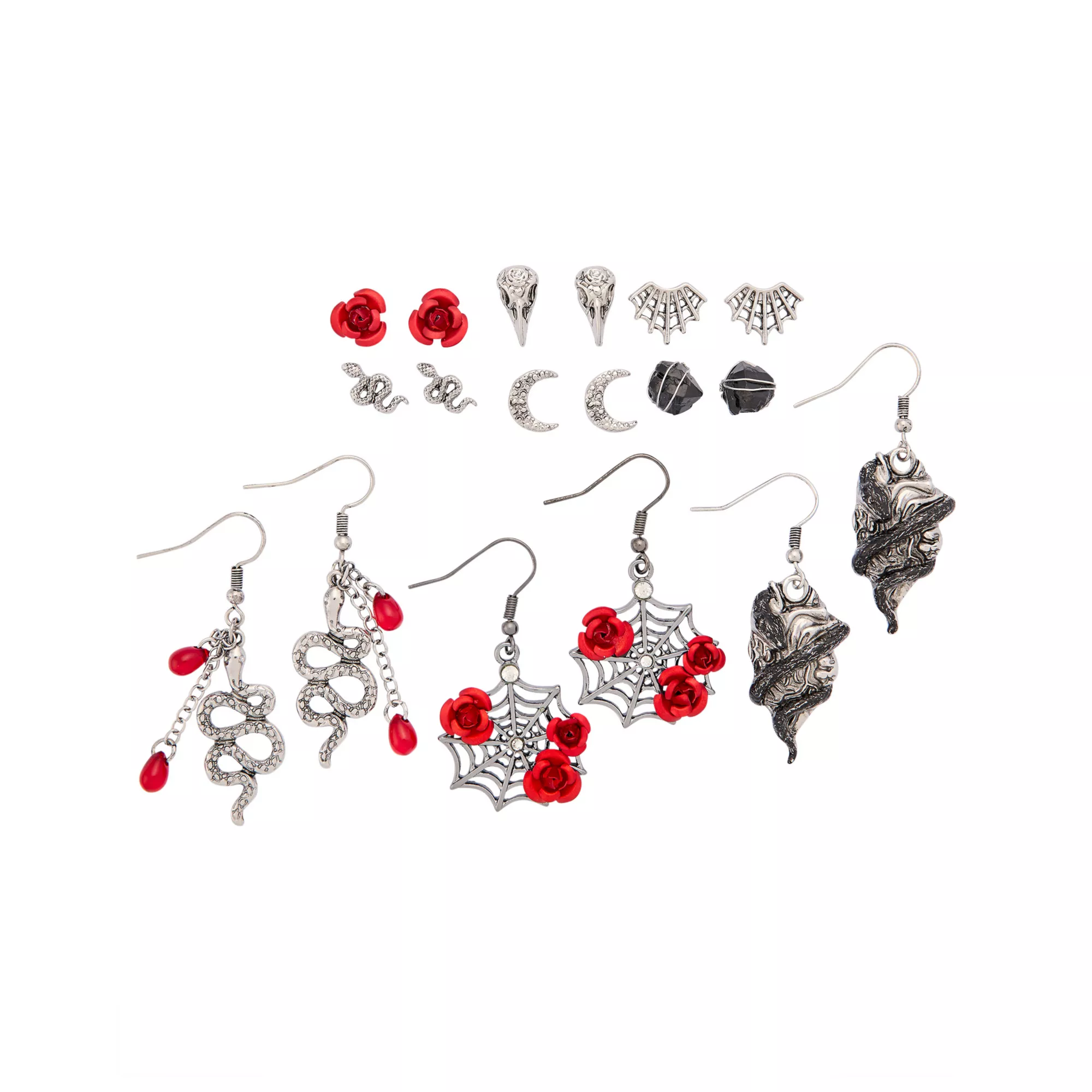 Multi-Pack Spider Web Snake Rose Earrings - 9 Pair