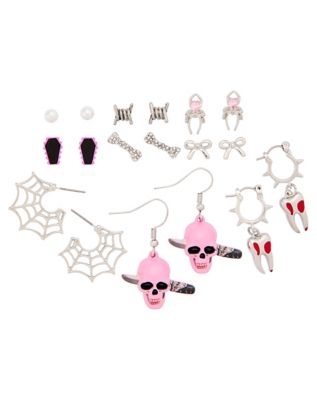 Multi-Pack Pink Skull Knife Spider Web Earrings - 9 Pair