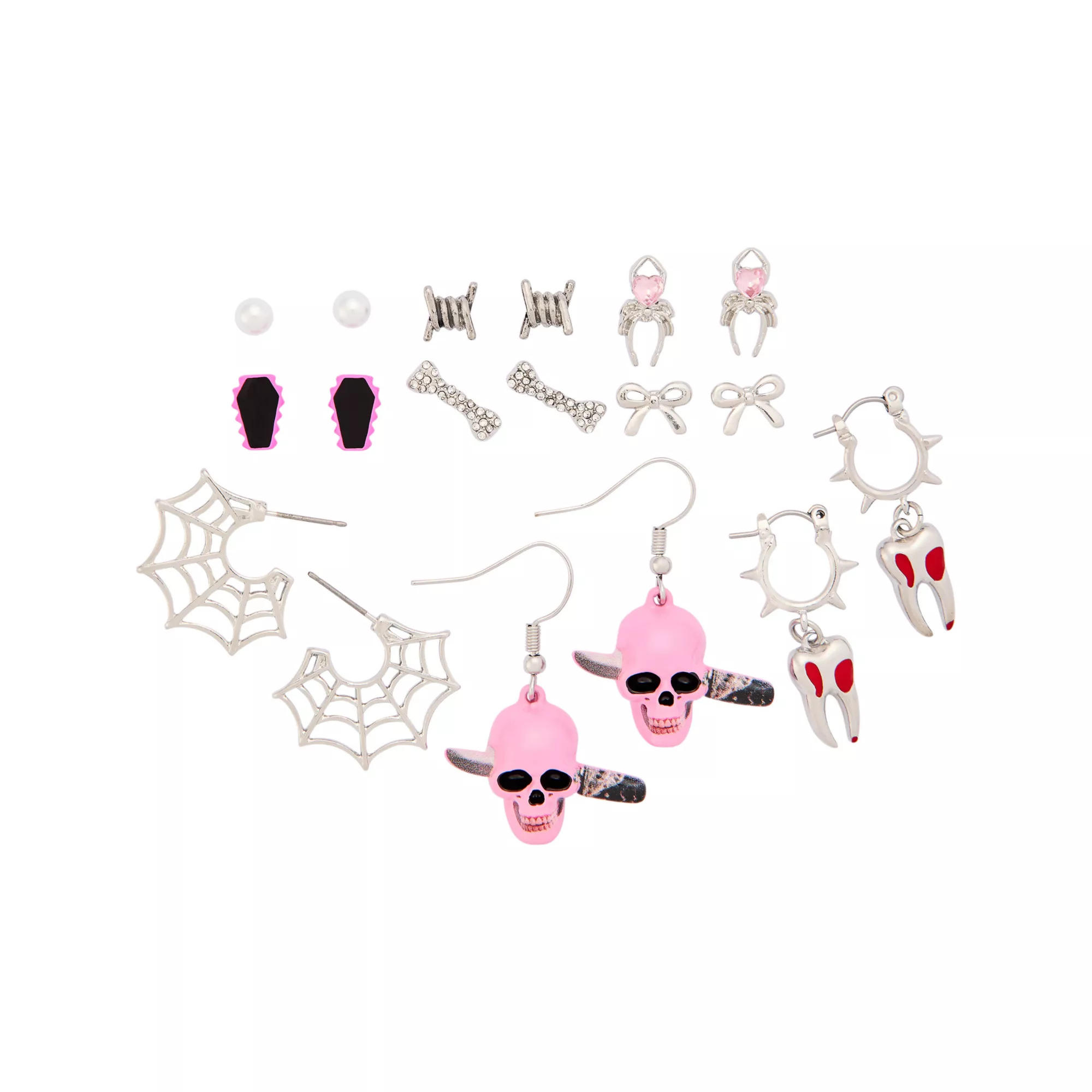 Multi-Pack Pink Skull Knife Spider Web Earrings - 9 Pair