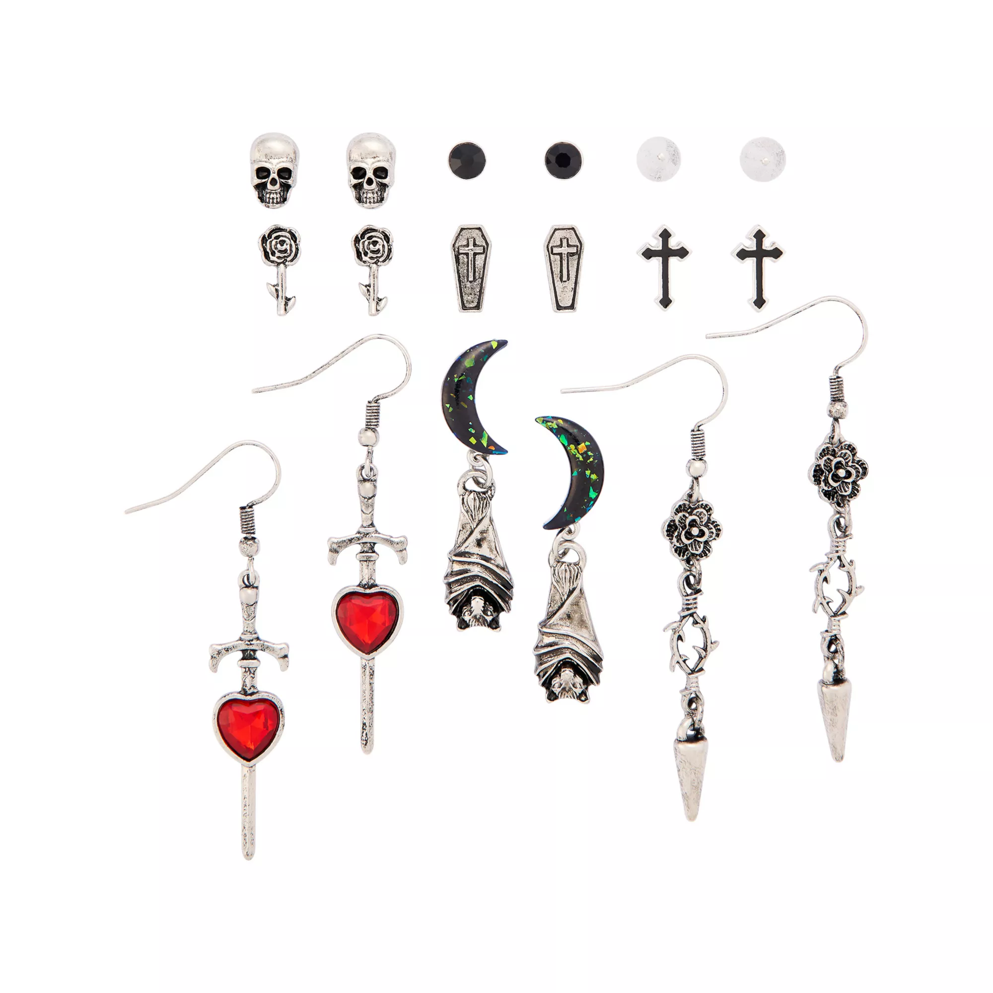 Multi-Pack Moon Bat Dagger Heart Earrings - 9 Pair