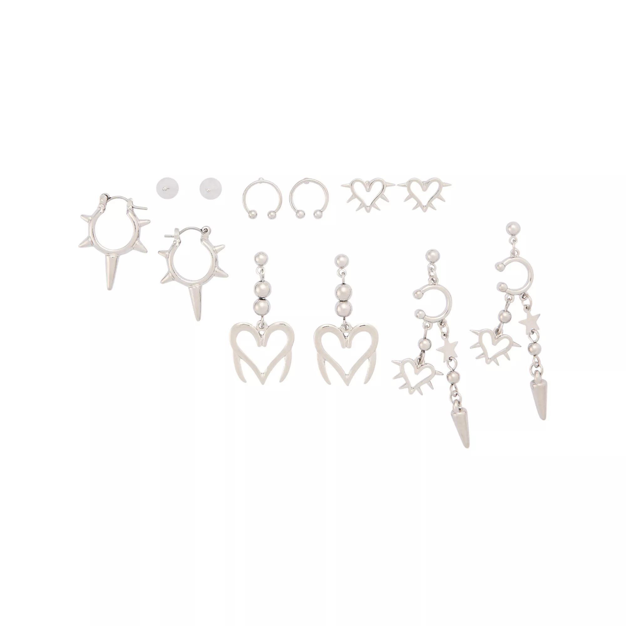 Multi-Pack Cyber Heart Spike Silver-Tone Earrings - 6 Pair