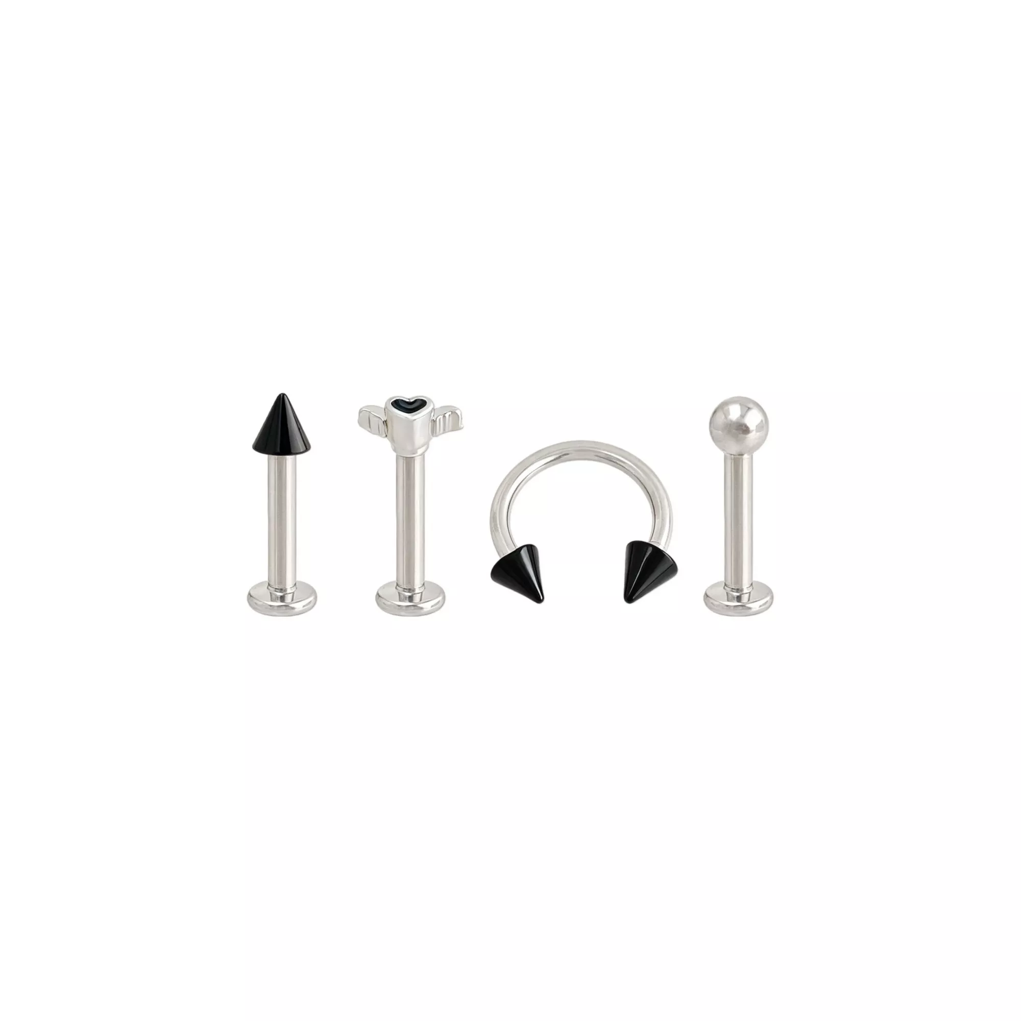Multi-Pack Black Heart Wings Titanium Labret and Horseshoe Rings 4 Pack - 16 Gauge at Spencer's
