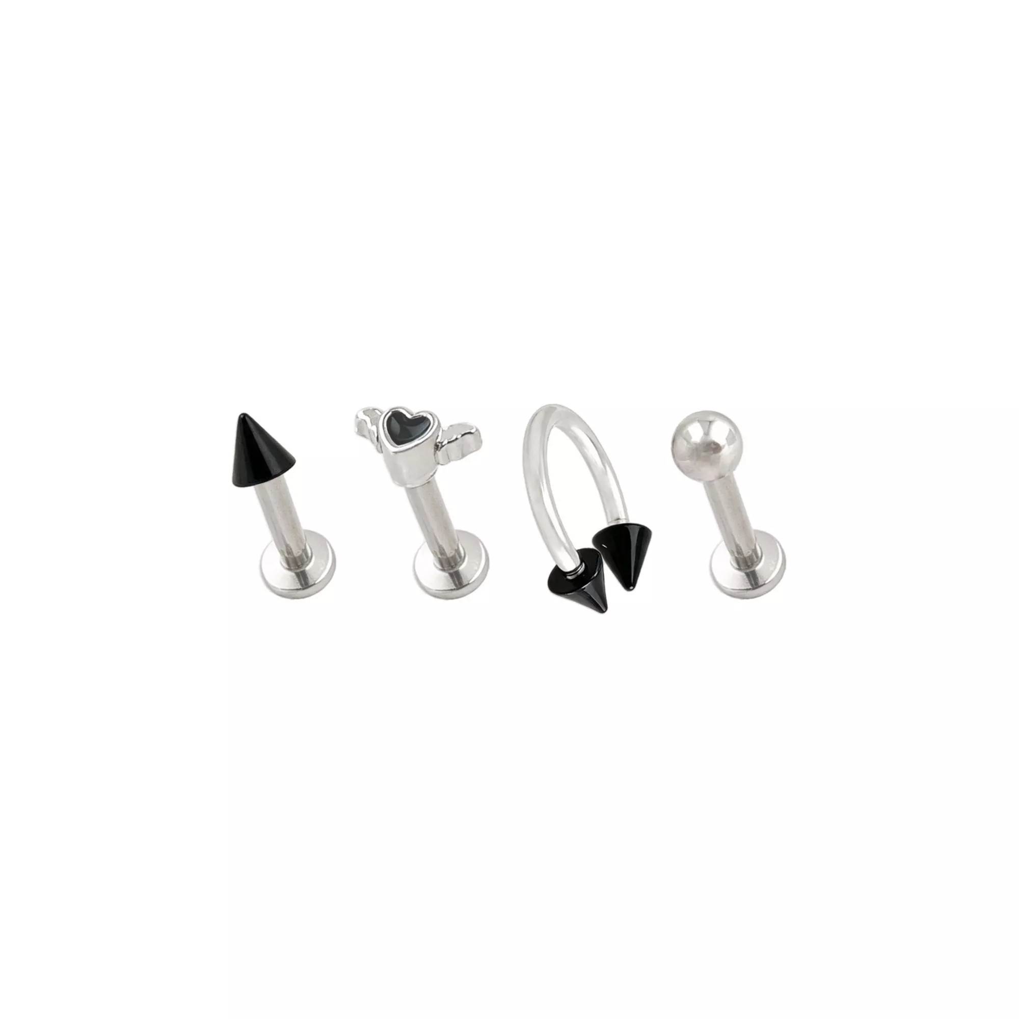 Multi-Pack Black Heart Wings Titanium Labret and Horseshoe Rings 4 Pack - 16 Gauge at Spencer's