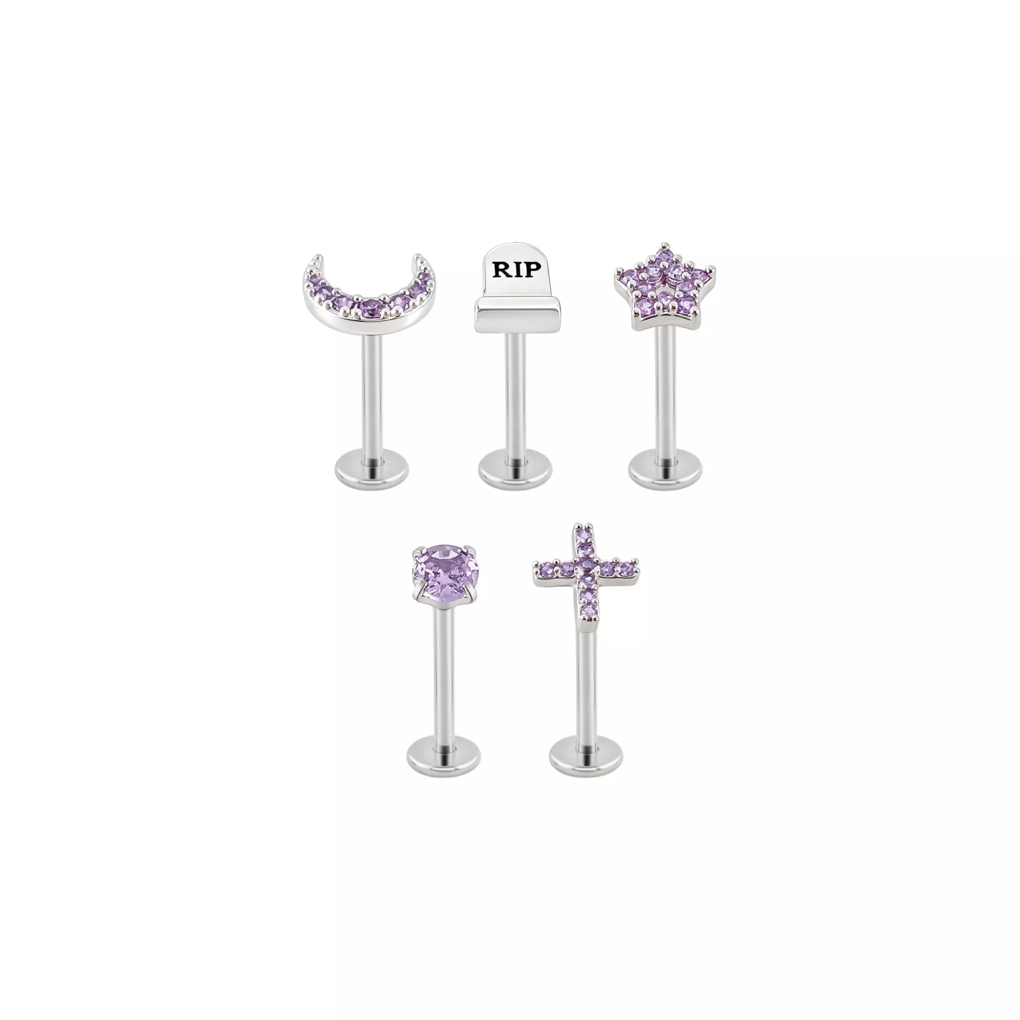 Silver-Toned Titanium Purple CZ Celestial RIP Labret 5 Pack - 16 Gauge at Spencer's