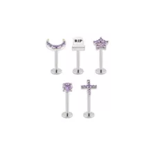 Silver-Toned Titanium Purple CZ Celestial RIP Labret 5 Pack - 16 Gauge at Spencer's