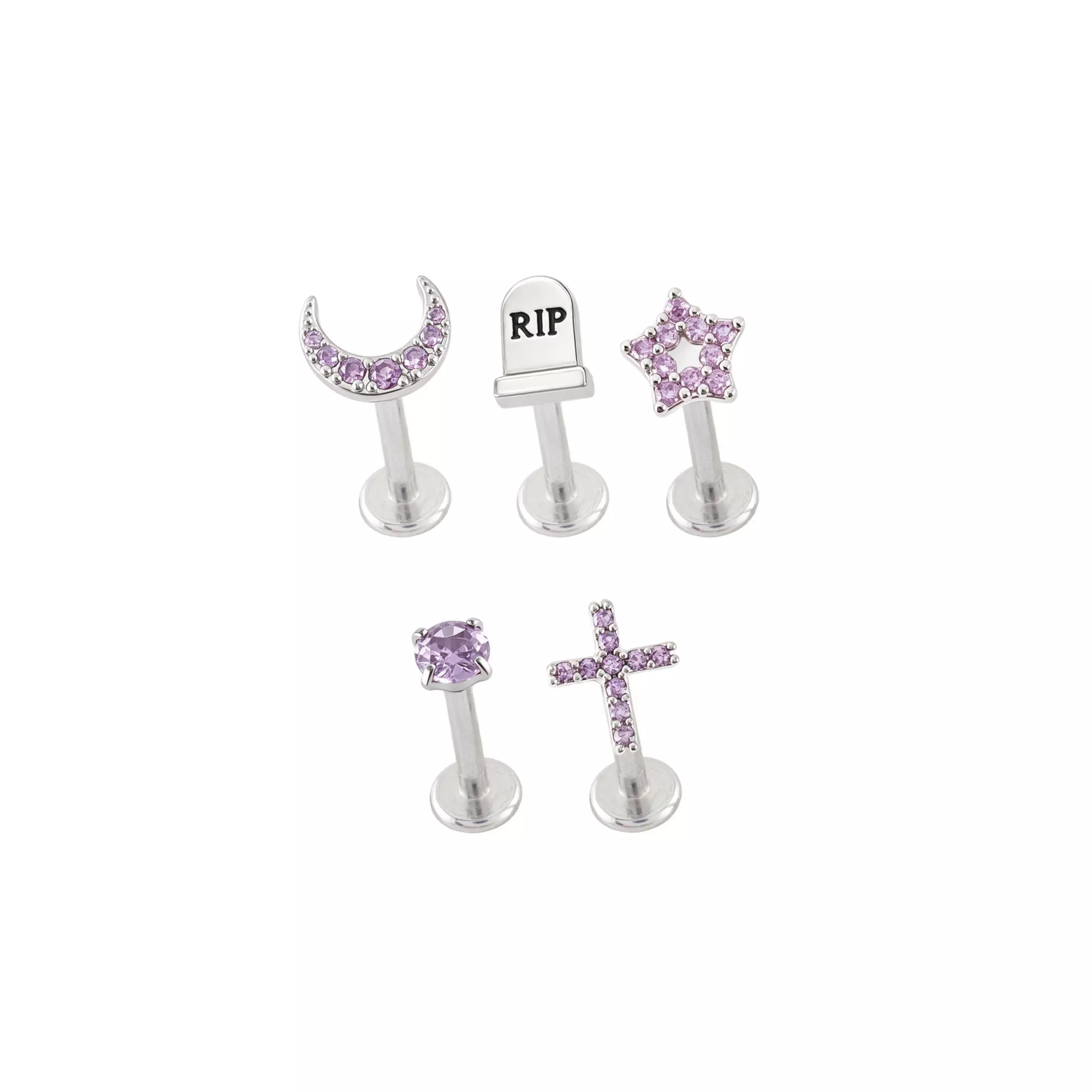 Silver-Toned Titanium Purple CZ Celestial RIP Labret 5 Pack - 16 Gauge at Spencer's
