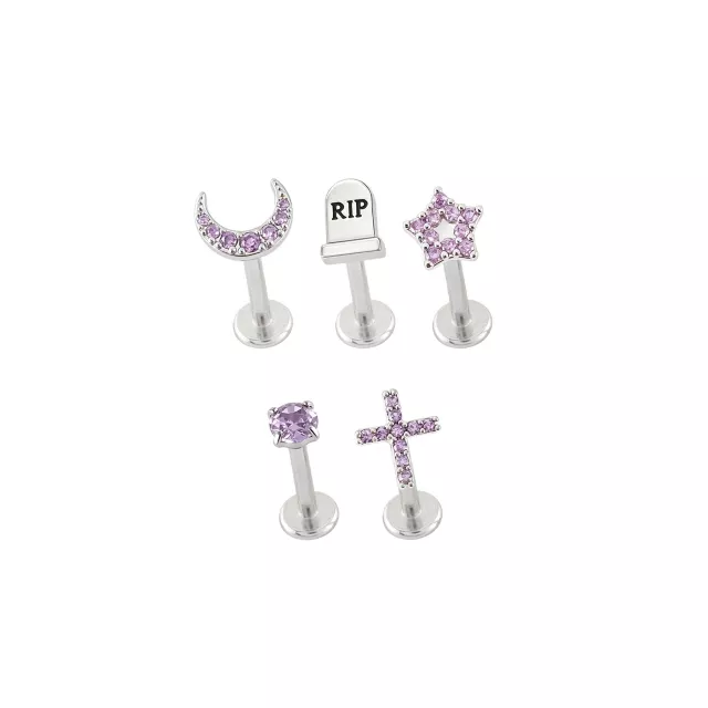 Silver-Toned Titanium Purple CZ Celestial RIP Labret 5 Pack - 16 Gauge at Spencer's