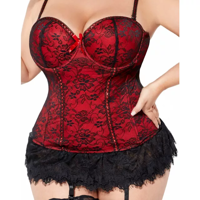 Plus Size Victorian Lace Bustier and Thong Panties Set - Red