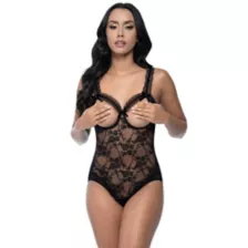 Lace Open Cup Crotchless Teddy- Black at Spencer's