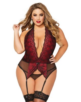 plus size lingerie lace chemise and thong panties set