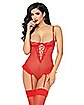 Sheer Half Cup Fishnet and Lace Teddy and Thigh-High Stockings Set