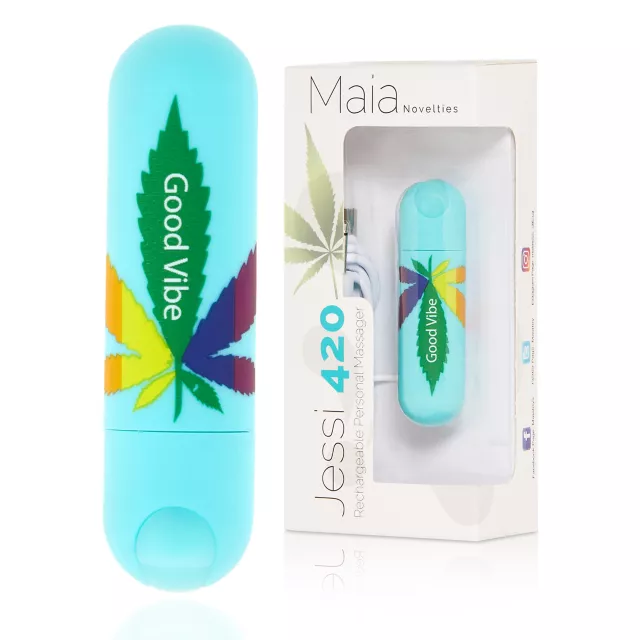 Jessi 420 Blue 10-Function Rechargeable Waterproof Weed Leaf Bullet Vibrator - 3 Inch at Spencer's