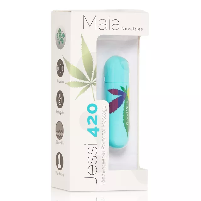 Jessi 420 Blue 10-Function Rechargeable Waterproof Weed Leaf Bullet Vibrator - 3 Inch at Spencer's