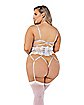 Plus Size White Lace Open Cup Crotchless Garter Teddy